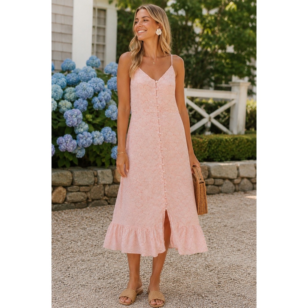 Marea by Liz Joy Pink Scallop Print Cotton Button Front Midi Dress- Small